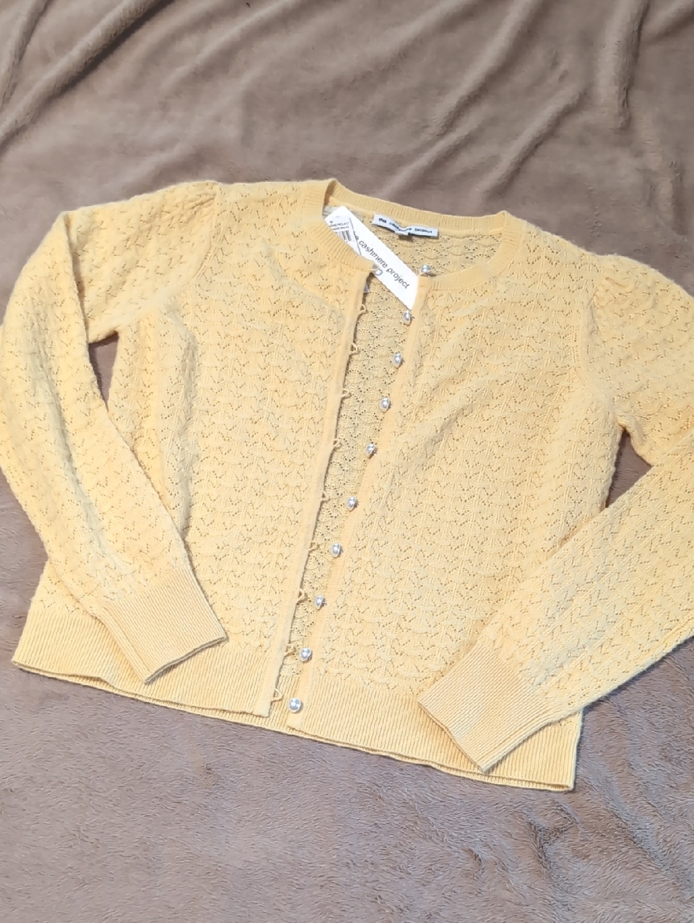 🆕 The Cashmere Project Crochet Pearl Cardigan In Creme Brulee